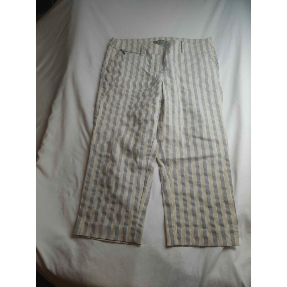 Sharagano Striped Linen Blend Cropped Pants Blue Cream Size 10 Capris Womens